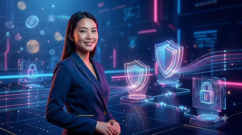 Ảnh mô tả checklist bảo mật trực tuyến với các biểu tượng xác minh phát sáng