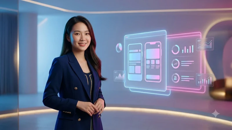 Bàn tay cầm điện thoại với giao diện ứng dụng và các biểu tượng đánh giá hiệu suất