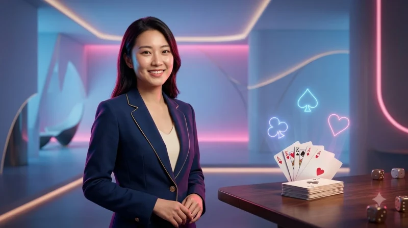 Bàn tay chạm vào màn hình máy tính bảng hiển thị bài blackjack trên bàn sang trọng