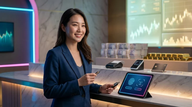 Bàn tay đang gõ trên bàn phím hologram với chìa khóa vàng phát sáng