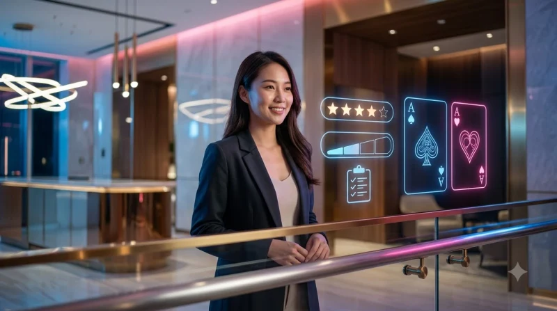 Bàn tay đặt lá bài và chip vàng trên bàn blackjack với biểu tượng tiêu chí đánh giá