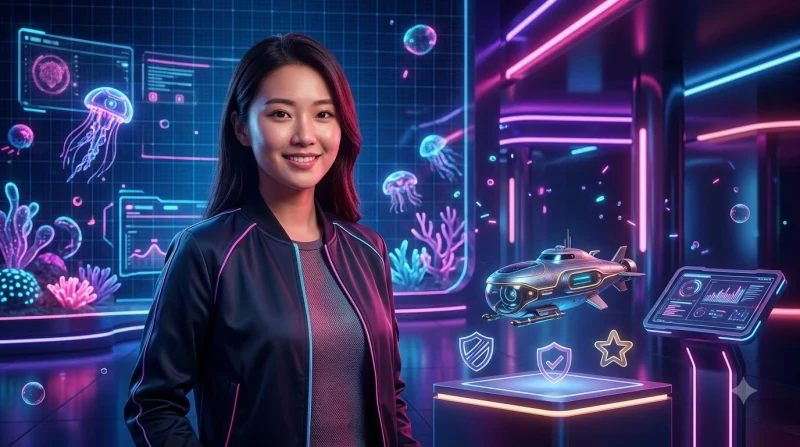 Bảng điều khiển hologram với biểu tượng khiên, dấu tích và đồng xu, minh họa tiêu chí chọn cổng game bắn cá uy tín