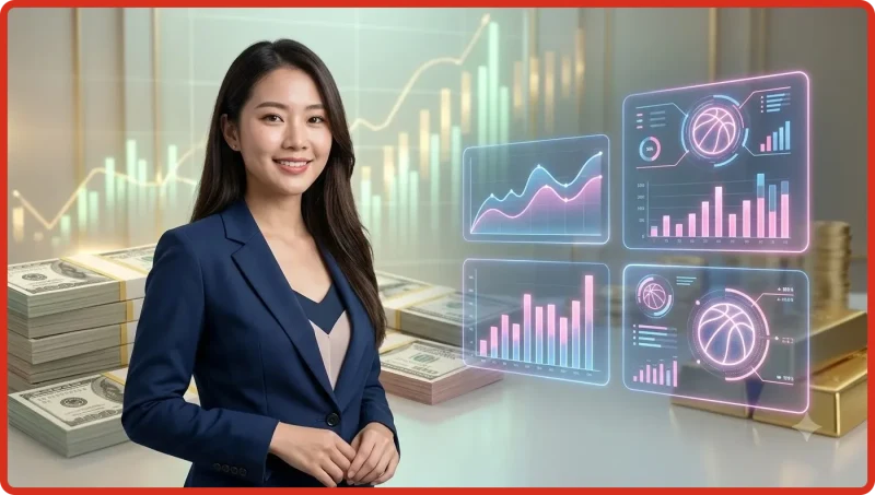 Bóng rổ online hấp dẫn - minh họa sân bóng rổ với dữ liệu phân tích và biểu đồ xu hướng