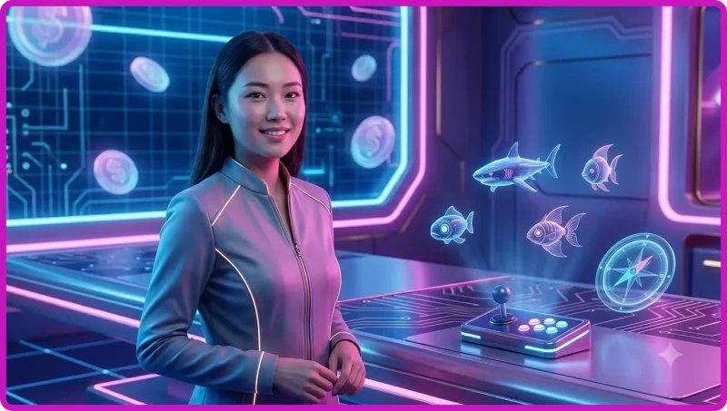 Cận cảnh người chơi bắn cá neon trong đại dương ảo với cá vàng và đồng xu, thể hiện sức hút của game bắn cá ALO789