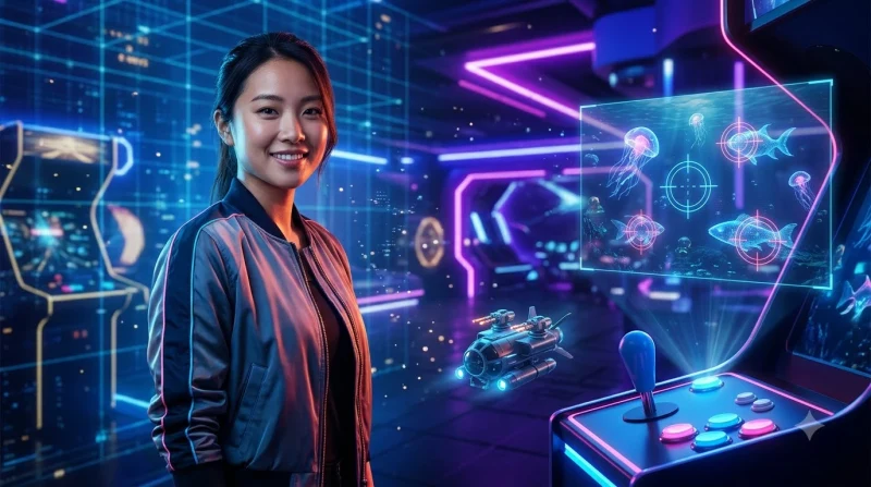 Cận cảnh người chơi bắn cá neon trong đại dương ảo với cá vàng và đồng xu, thể hiện sức hút của game bắn cá ALO789
