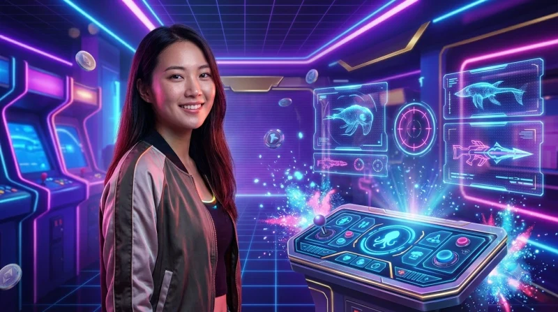 danh sách kiểm tra hologram với bút, khiên và cá vàng neon, minh họa các bước chuẩn bị trước khi chơi game bắn cá ALO789