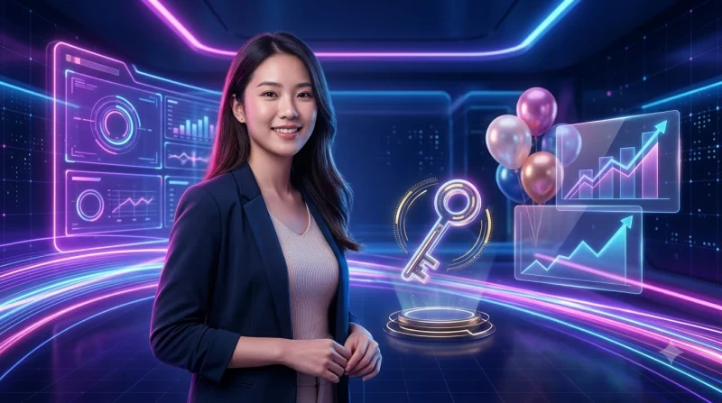 Điện thoại thông minh hiển thị thông báo ưu đãi và biểu tượng quà tặng trong không gian neon
