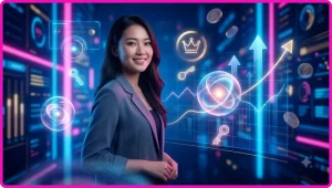 Điện thoại thông minh hiển thị thông báo ưu đãi và biểu tượng quà tặng trong không gian neon