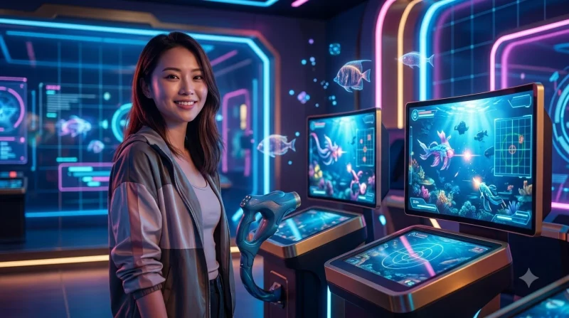 Ghế chơi game arcade tương lai hướng về màn hình hologram đại dương ảo