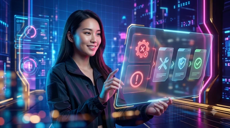 Giao diện kỹ thuật số minh họa quy trình khắc phục sự cố từng bước