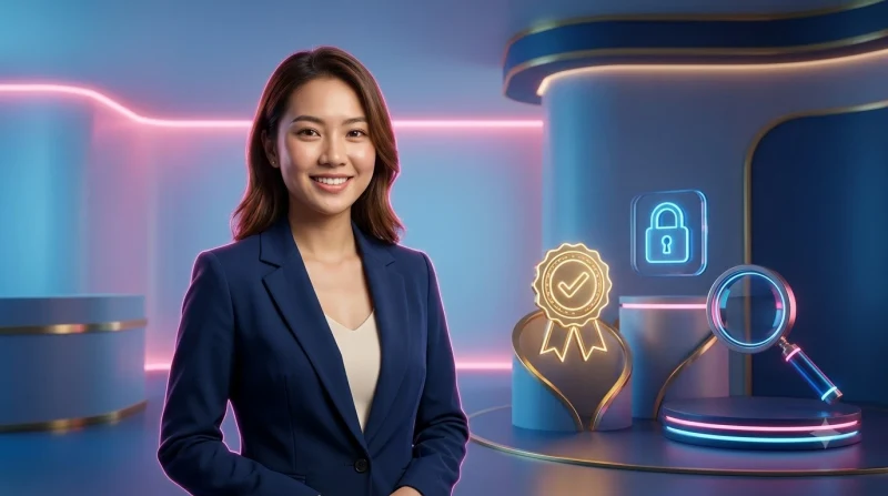 Illustration of a user verifying an official digital platform seal in a hiện đại corridor.