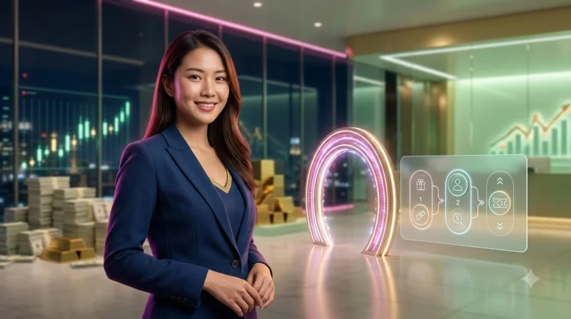 Minh họa quy trình từng bước trên giao diện kỹ thuật số phát sáng với người tương tác