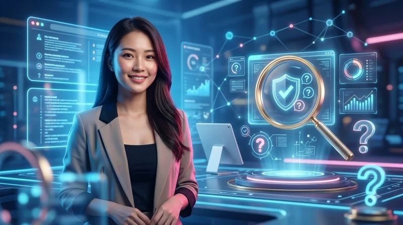 Minh họa tiêu chí đánh giá độ tin cậy của câu hỏi thường gặp ALO789 với kính lúp, tài liệu và biểu tượng xác minh