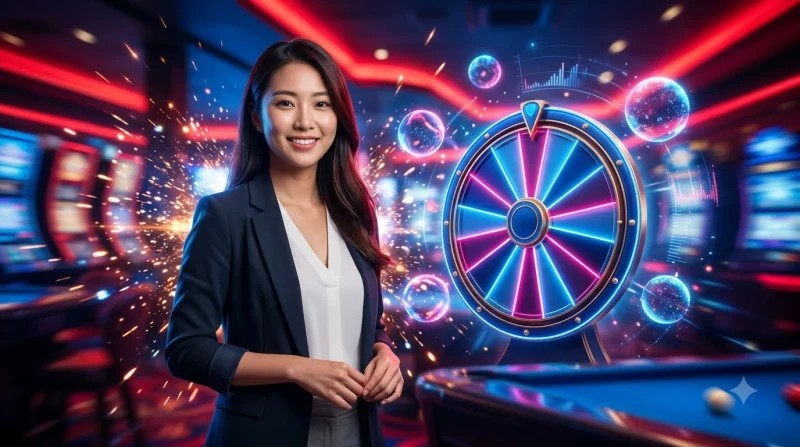 Minh họa trải nghiệm chơi spinning wheel game online cao cấp với ánh sáng neon và bố cục nhiều lớp