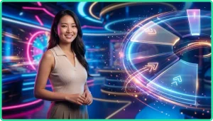 Minh họa trải nghiệm chơi spinning wheel game online cao cấp với ánh sáng neon và bố cục nhiều lớp