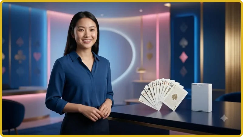 Người chia bài thân thiện chào đón người chơi mới tại bàn blackjack sang trọng