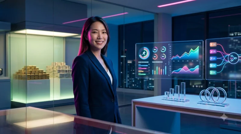 Người chơi đang xem bảng mức cược slot ALO789 trên màn hình hologram trong không gian giải trí hiện đại