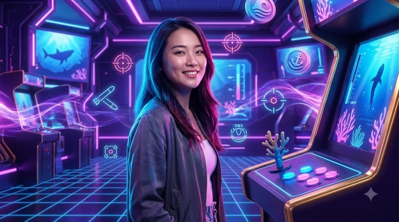 Người chơi nâng súng bắn cá neon hướng về cá vàng phát sáng, minh họa hành động bắt đầu trải nghiệm game ALO789