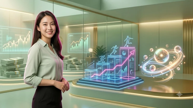 Người chơi vui vẻ bắt đầu chơi slot ALO789 với mức cược phù hợp, xung quanh là đồng xu vàng và biểu đồ tăng trưởng