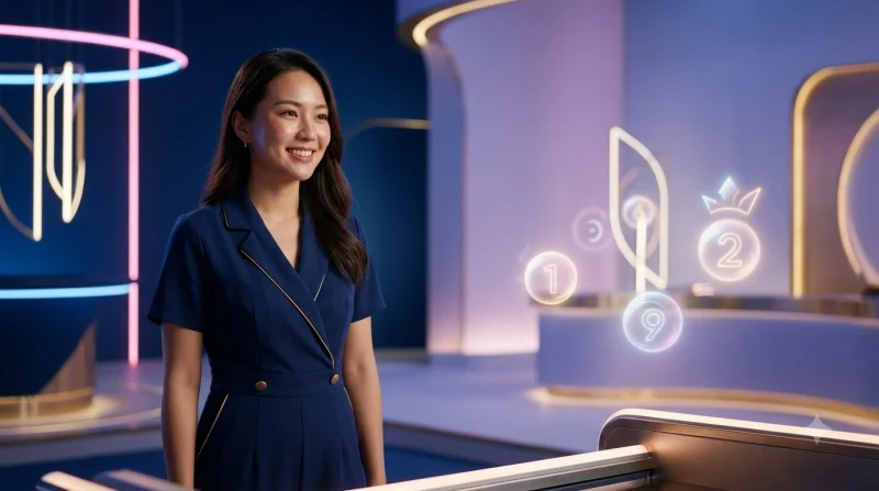 Người phụ nữ mỉm cười trải nghiệm xổ số ALO789 trên điện thoại trong không gian sang trọng