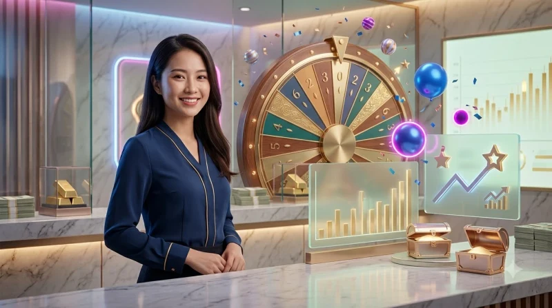 Phụ nữ tỏa sáng bên cạnh vòng quay âm thanh ánh sáng neon vàng và xanh trong bố cục minh họa cao cấp