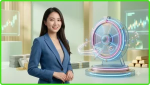 Phụ nữ tỏa sáng bên cạnh vòng quay âm thanh ánh sáng neon vàng và xanh trong bố cục minh họa cao cấp