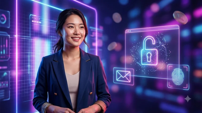 Sơ đồ luồng quy trình khôi phục mật khẩu với ba biểu tượng phát sáng: email, lá chắn bảo mật và chìa khóa.